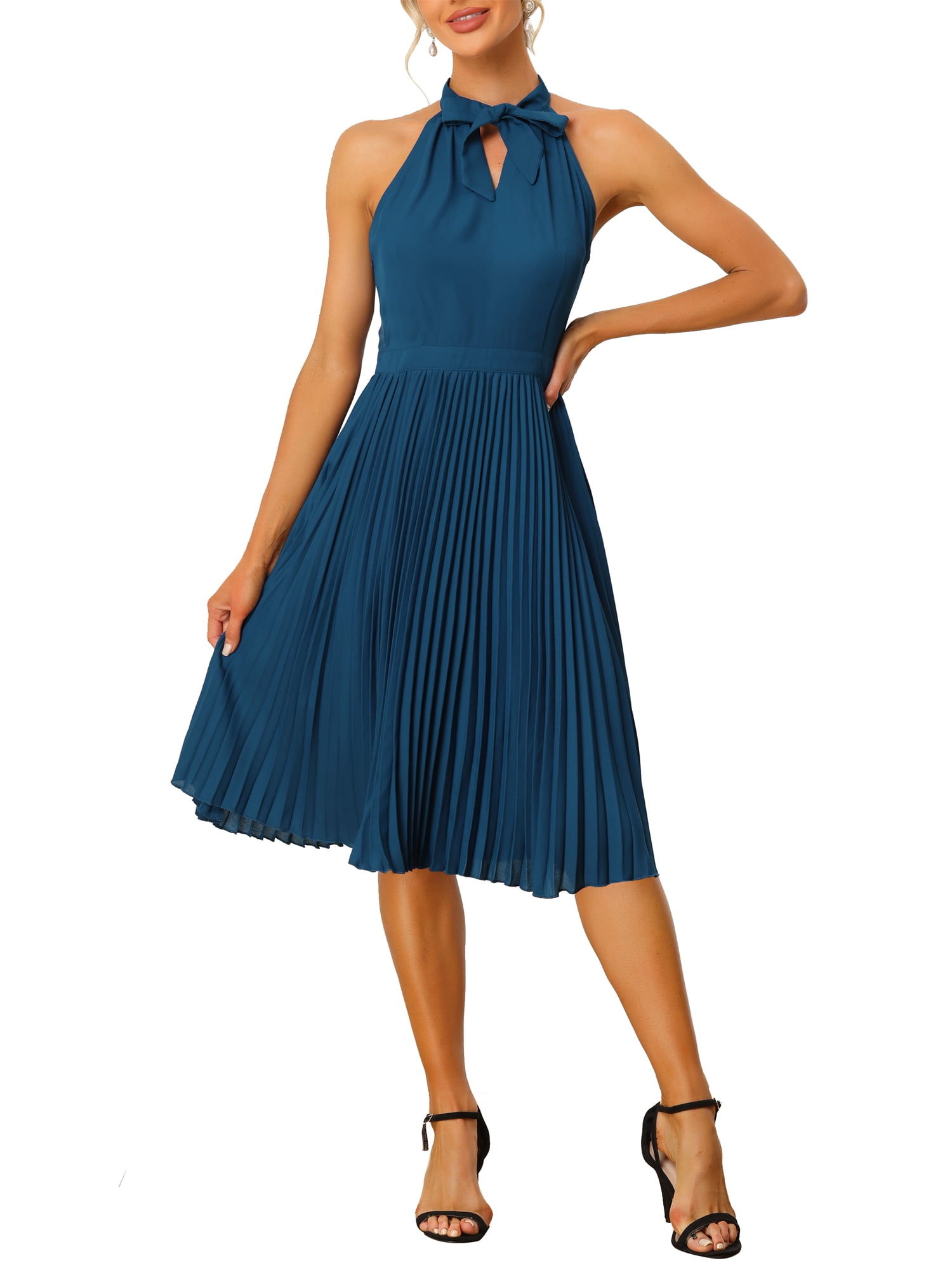 INSPIRE CHIC Women's Pleated Dress Tie Halter Neck Sleeveless Chiffon  Wear-to-Work Midi Dresses XS Navy Blue - Walmart Business Supplies