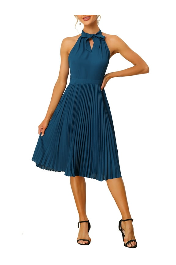 Women's Pleated Dress Tie Halter Neck Sleeveless Chiffon Wear-to-Work Midi Dresses XL Navy Blue