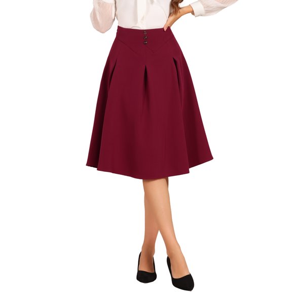 INSPIRE CHIC Pleated Midi Skirt for Women's Button Decor High Waist Casual Office Swing Skirts S Burgundy
