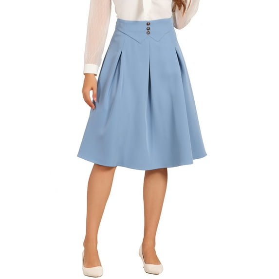 INSPIRE CHIC Pleated Midi Skirt for Women's Button Decor High Waist Casual Office Swing Skirts XL Grey Blue