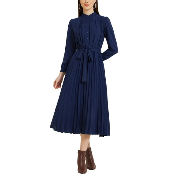 INSPIRE CHIC Pleated Shirt Dress for Women's Long Sleeve Mock Neck Flowy Casual Midi Dress S Dark Blue