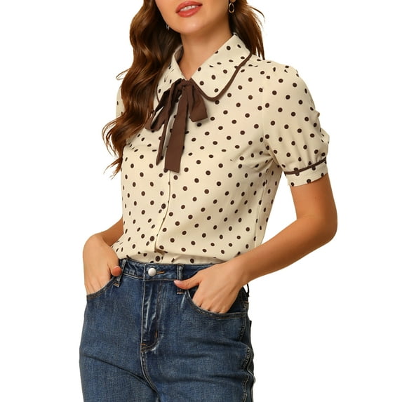 INSPIRE CHIC Women's Polka Dots Blouse Peter Pan Collar Bow Tie Neck Puff Sleeve Vintage Shirt Top L Beige