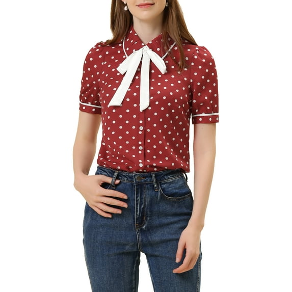 INSPIRE CHIC Women's Polka Dots Blouse Peter Pan Collar Bow Tie Neck Puff Sleeve Vintage Shirt Top L Burgundy