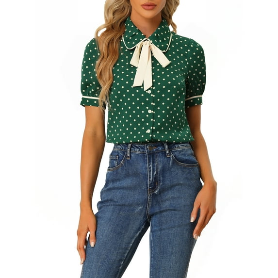 INSPIRE CHIC Women's Polka Dots Blouse Peter Pan Collar Bow Tie Neck Puff Sleeve Vintage Shirt Top M Dark Green