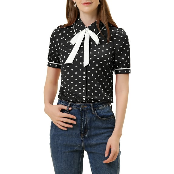 INSPIRE CHIC Women's Polka Dots Blouse Peter Pan Collar Bow Tie Neck Puff Sleeve Vintage Shirt Top S Black