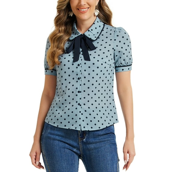 INSPIRE CHIC Women's Polka Dots Blouse Peter Pan Collar Bow Tie Neck Puff Sleeve Vintage Shirt Top S Light Blue
