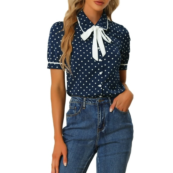 INSPIRE CHIC Women's Polka Dots Blouse Peter Pan Collar Bow Tie Neck Puff Sleeve Vintage Shirt Top XL Dark Blue