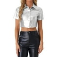 thumbnail image 1 of INSPIRE CHIC Pu Leather Short Sleeve Button Down Shirt Blouse Crop Top Jacket Silver S, 1 of 5