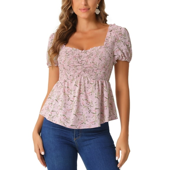 INSPIRE CHIC Women's Peplum Top Short Sleeves Sweetheart Neck Shirred Floral Blouse L Pink