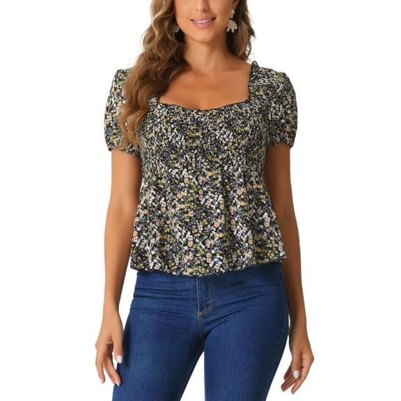 INSPIRE CHIC Women's Peplum Top Short Sleeves Sweetheart Neck Shirred Floral Blouse XS Black