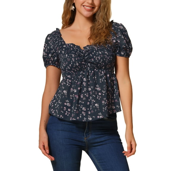 INSPIRE CHIC Women's Peplum Top Short Sleeves Sweetheart Neck Shirred Floral Blouse XS Dark Blue