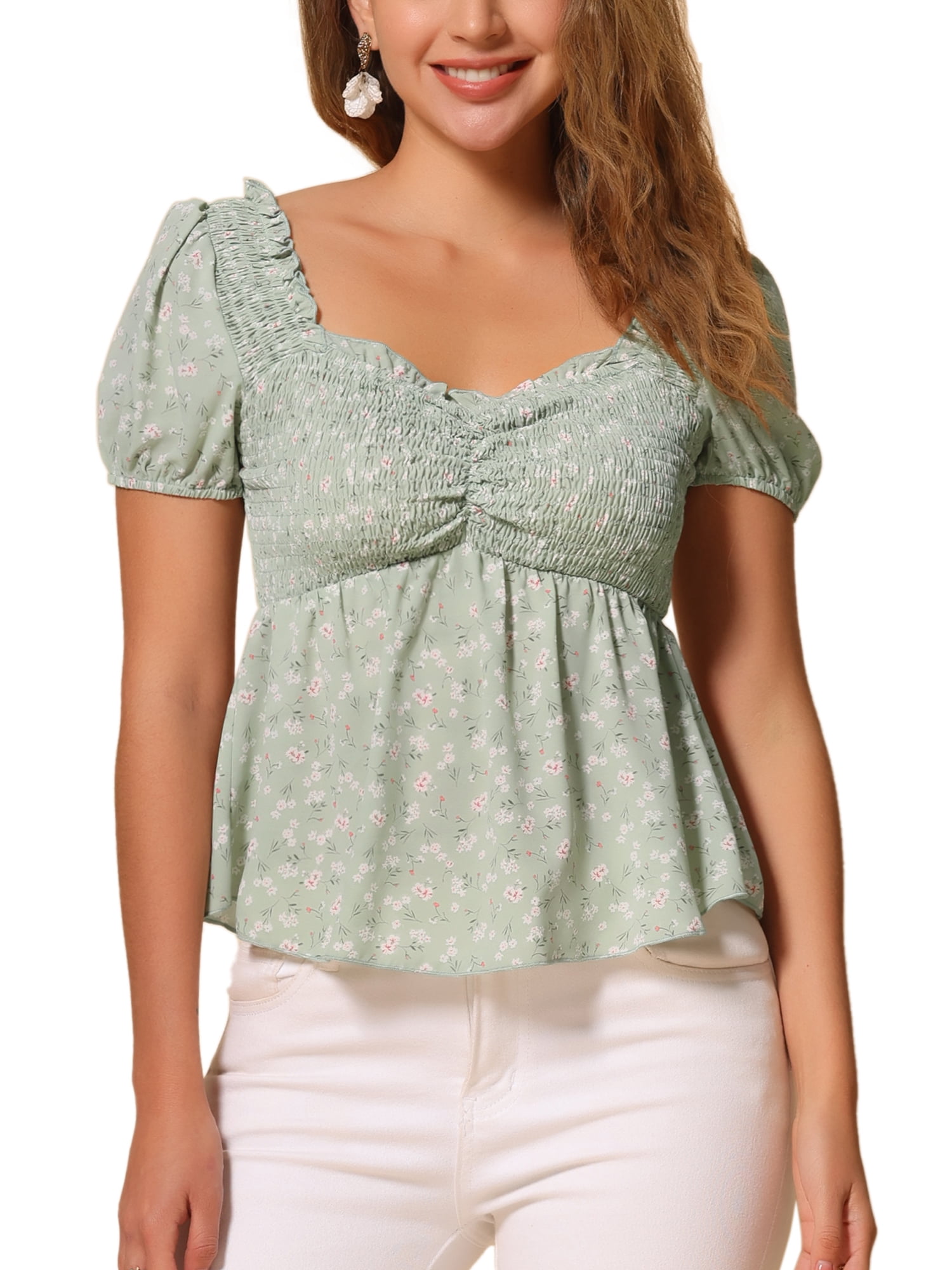 Allegra K Puff Short Sleeve Floral Blouse for Women's