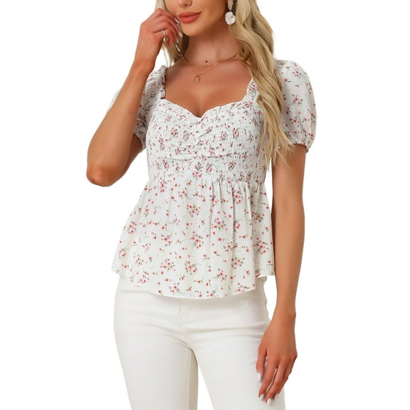 INSPIRE CHIC Women's Peplum Top Short Sleeves Sweetheart Neck Shirred Floral Blouse XS White