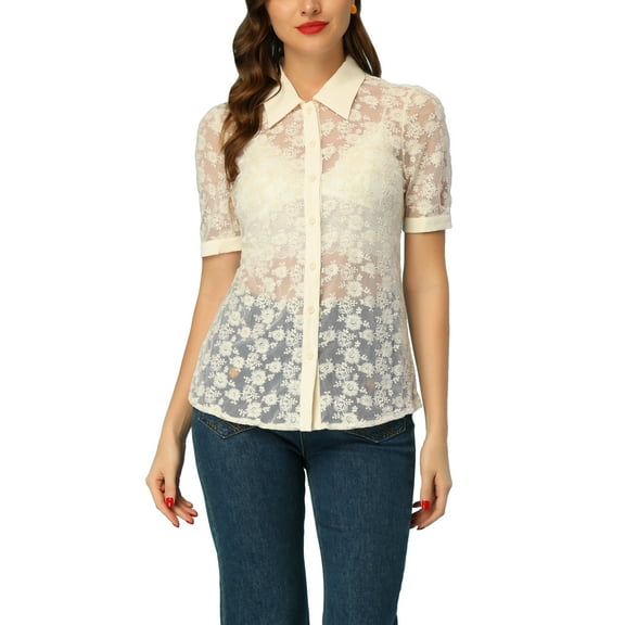 INSPIRE CHIC Puff Sleeve Floral Lace Shirt Beige M
