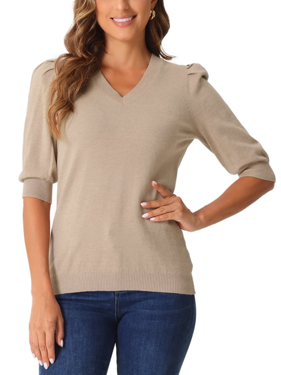 Puff Sleeve Tops Sweater Tops for Women V Neck Short Sleeve T Shirts Wool Knit Casual Blouse XS Apricot