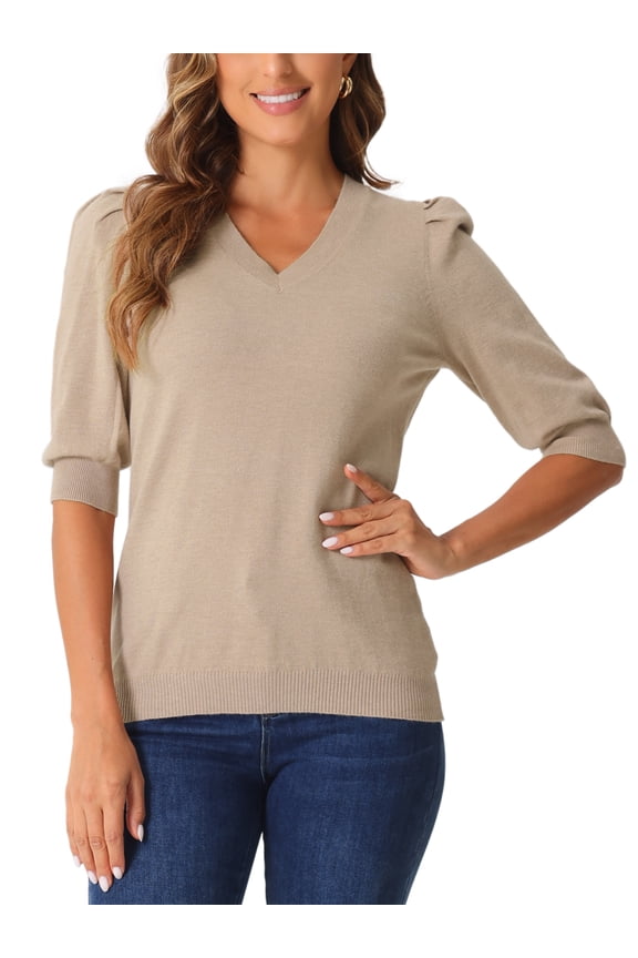 Puff Sleeve Tops Sweater Tops for Women V Neck Short Sleeve T Shirts Wool Knit Casual Blouse L Apricot