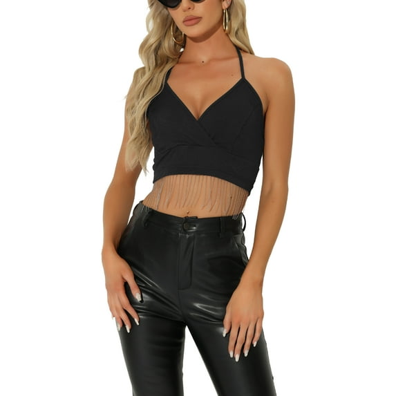 INSPIRE CHIC Rhinestone Fringe Crop Tops for Women's Sleeveless Tie Halter Neck Party Cropped Cami Tops Black XS