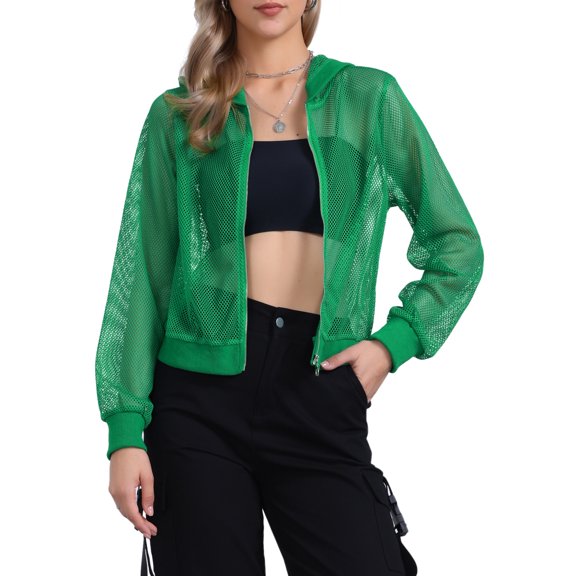 INSPIRE CHIC Ribbed Cuffs Jacket for Women Hoodie Mesh Bomber Jacket XS Green