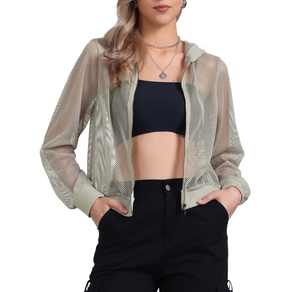 INSPIRE CHIC Ribbed Cuffs Jacket for Women Hoodie Mesh Bomber Jacket XS Grey