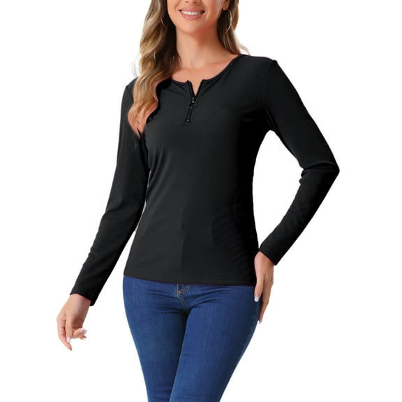 INSPIRE CHIC Ribbed Knit Blouse for Women's Long Sleeve Round Neck Zipper Front Tops