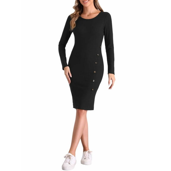 INSPIRE CHIC Ribbed Knit Bodycon Dress for Women's Long Sleeve Button Decor Sweater Dresses