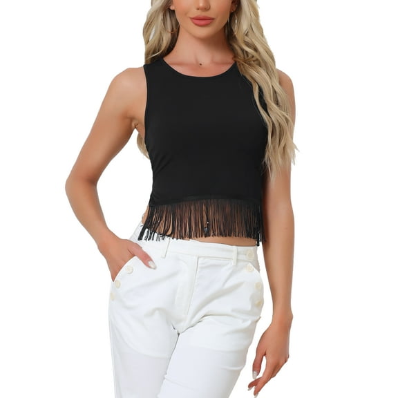 INSPIRE CHIC Women's Top Ribbed Knit Tank Crew Neck Sleeveless Crop Tassel Trim Vest XS Black