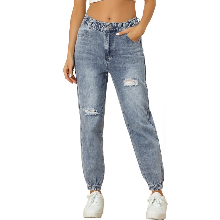 Allegra K Ripped Jogger Jeans for Women s Casual Elastic Waist Distressed Cargo Denim Pants Walmart