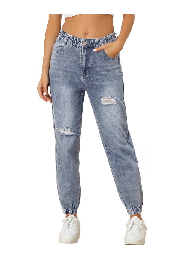 Ripped Jogger Jeans for Women's Casual Elastic Waist Distressed Cargo Denim Pants