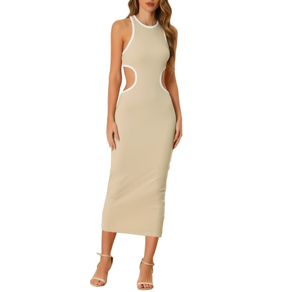 INSPIRE CHIC Women's Elegant Round Neck Sleeveless Midi Dress XS Apricot