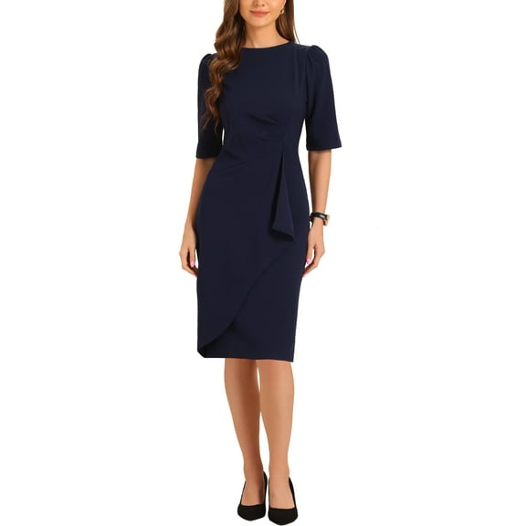 INSPIRE CHIC Ruched Dress for Women's Short Sleeve Business Work Dress Trendy XS Navy