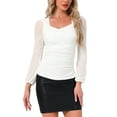 thumbnail image 1 of INSPIRE CHIC Ruched Mesh Blouse for Women's V Neck Long Sleeve Slim Fit Dressy Casual Wrap Top L White, 1 of 6