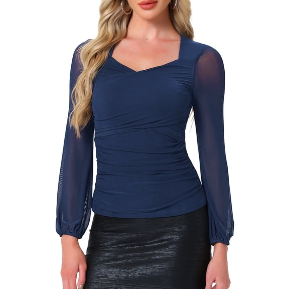 INSPIRE CHIC Ruched Mesh Blouse for Women's V Neck Long Sleeve Slim Fit Dressy Casual Wrap Top XS Navy Blue