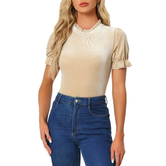 INSPIRE CHIC Ruffle Collar Shirt for Women's Short Sleeve Velvet Tops Blouse M Khaki