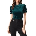 thumbnail image 1 of INSPIRE CHIC Ruffle Collar Shirt for Women's Short Sleeve Velvet Tops Blouse S Blue Green, 1 of 6