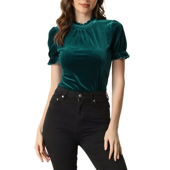 INSPIRE CHIC Ruffle Collar Shirt for Women's Short Sleeve Velvet Tops Blouse S Blue Green