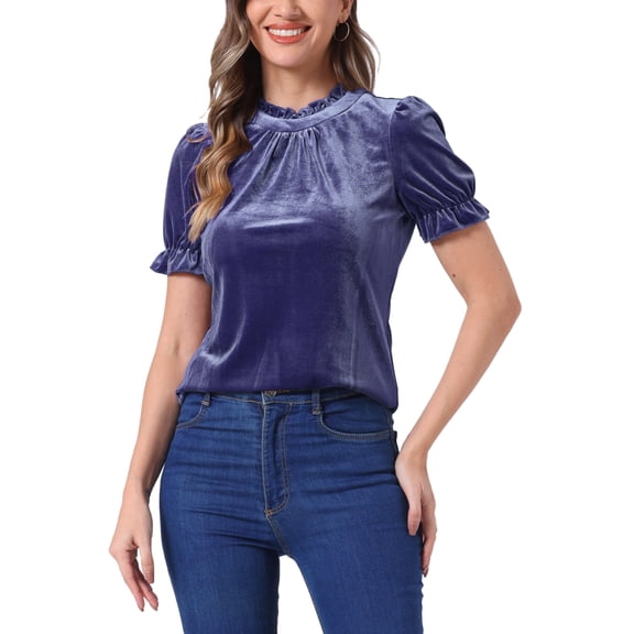 INSPIRE CHIC Ruffle Collar Shirt for Women's Short Sleeve Velvet Tops Blouse S Dusty Purple Blue