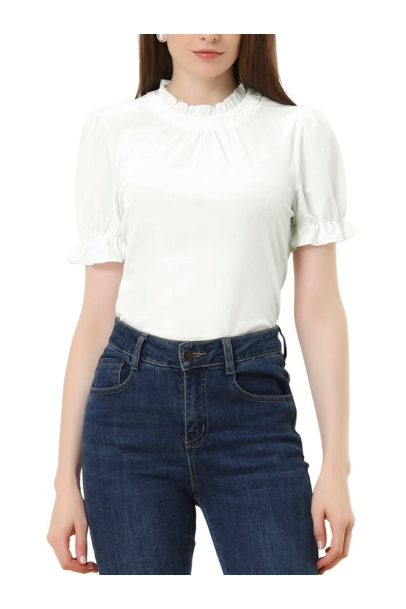 Ruffle Collar Shirt for Women's Short Sleeve Velvet Tops Blouse S White