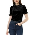 thumbnail image 1 of INSPIRE CHIC Ruffle Collar Shirt for Women's Short Sleeve Velvet Tops Blouse XS Black, 1 of 6