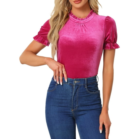 INSPIRE CHIC Ruffle Collar Shirt for Women's Short Sleeve Velvet Tops Blouse XS Hot Pink