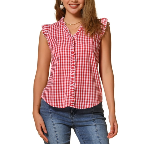 INSPIRE CHIC Women's Gingham Top Ruffle Shirt V Neck Cap Sleeve Plaid Blouse M Hot Pink