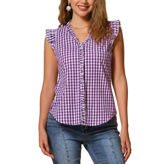 INSPIRE CHIC Women's Gingham Top Ruffle Shirt V Neck Cap Sleeve Plaid Blouse S Purple