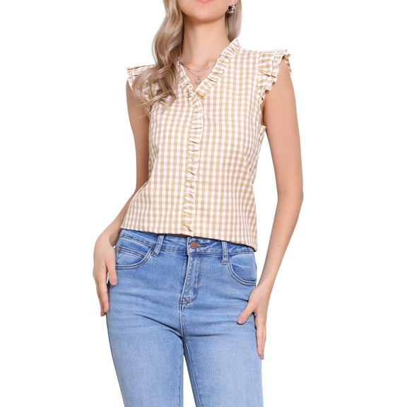 INSPIRE CHIC Women's Gingham Top Ruffle Shirt V Neck Cap Sleeve Plaid Blouse XS Light Khaki