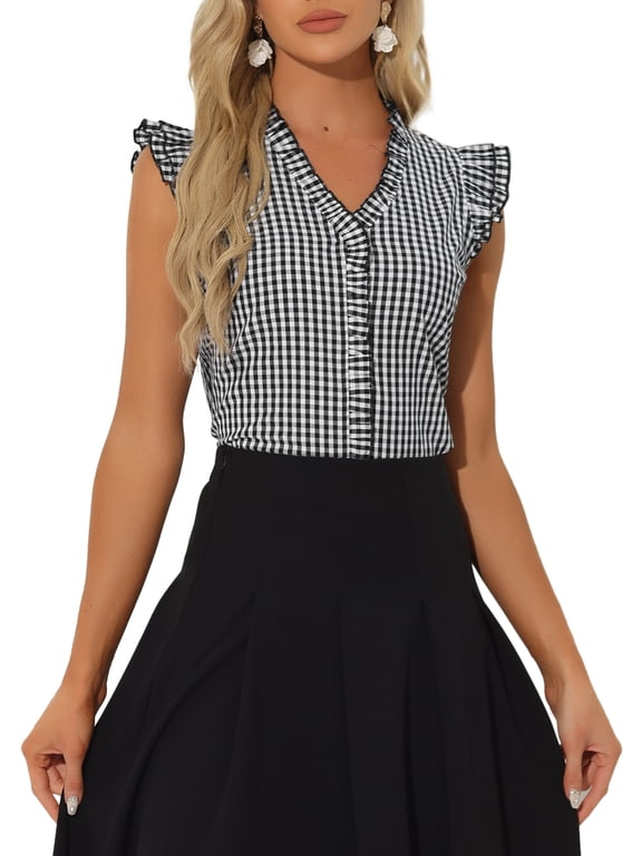 Women's Gingham Blouse V Neck Ruffle Cap Sleeve Plaid Shirts Black XS