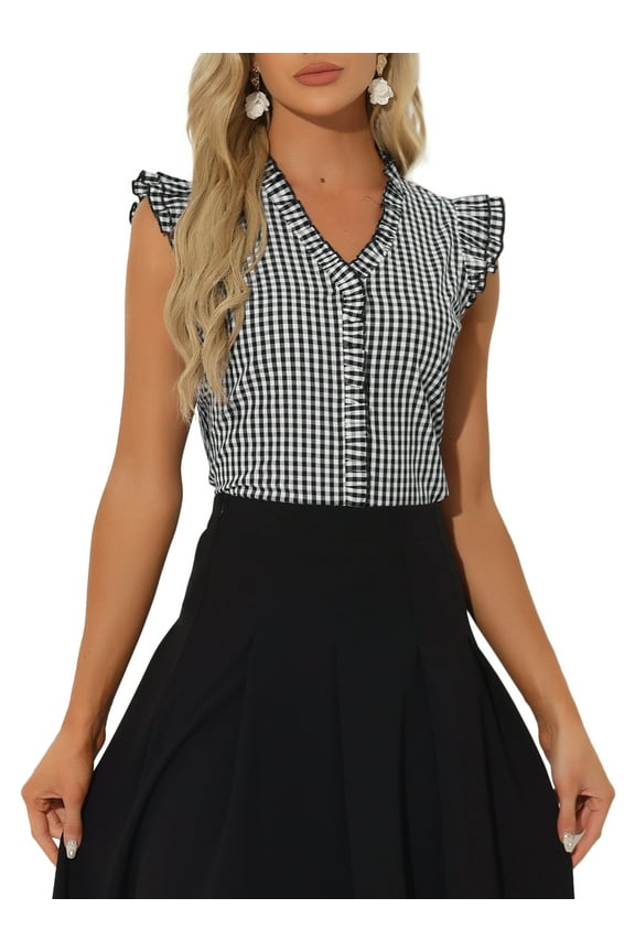 Women's Gingham Top Ruffle Shirt V Neck Cap Sleeve Plaid Blouse XS Black