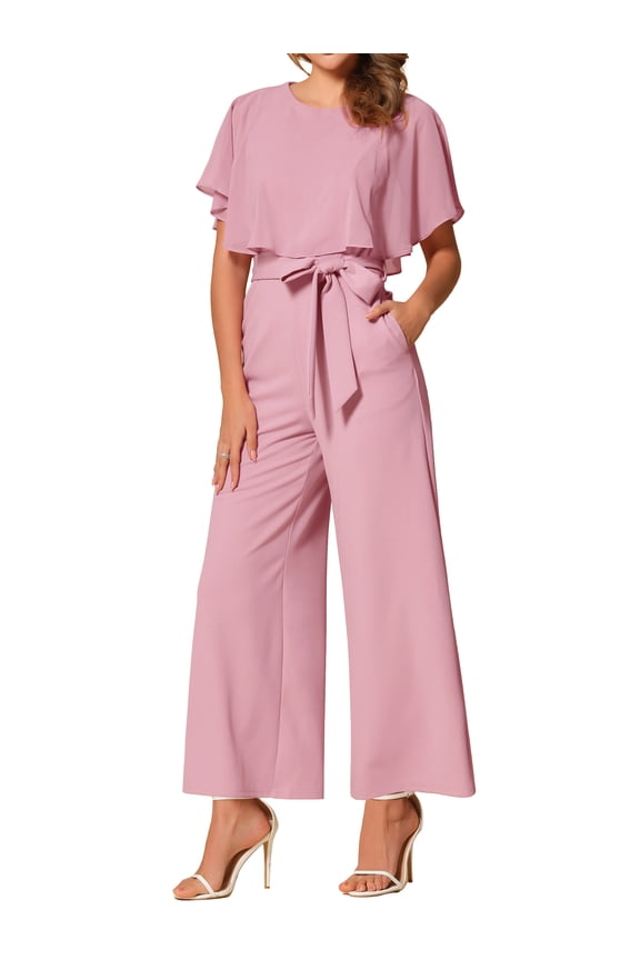 Ruffle Sleeve Jumpsuit for Women's Dressy Casual Tie Waist Wide Leg Pants One Piece Outfits S Pink