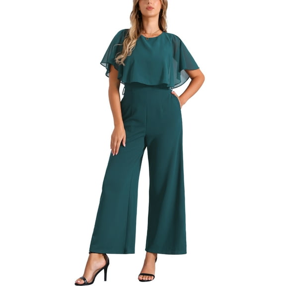 INSPIRE CHIC Ruffle Sleeve Jumpsuit for Women's Dressy Casual Tie Waist Wide Leg Pants One Piece Outfits XS Dark Green