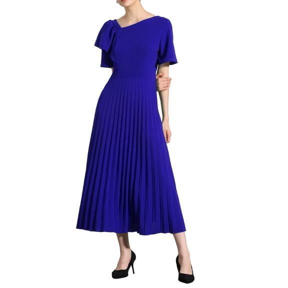 INSPIRE CHIC Ruffles Short Sleeve Dress Women's Asymmetrical Neck Pleated Hem Midi Summer Dress