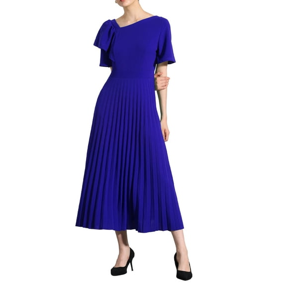 INSPIRE CHIC Ruffles Short Sleeve Dress Women's Asymmetrical Neck Pleated Hem Midi Summer Dress