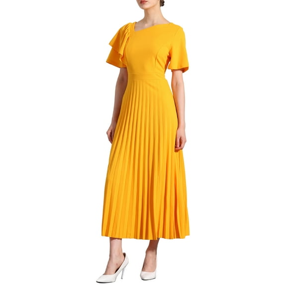 INSPIRE CHIC Ruffles Short Sleeve Dress Women's Asymmetrical Neck Pleated Hem Midi Summer Dress