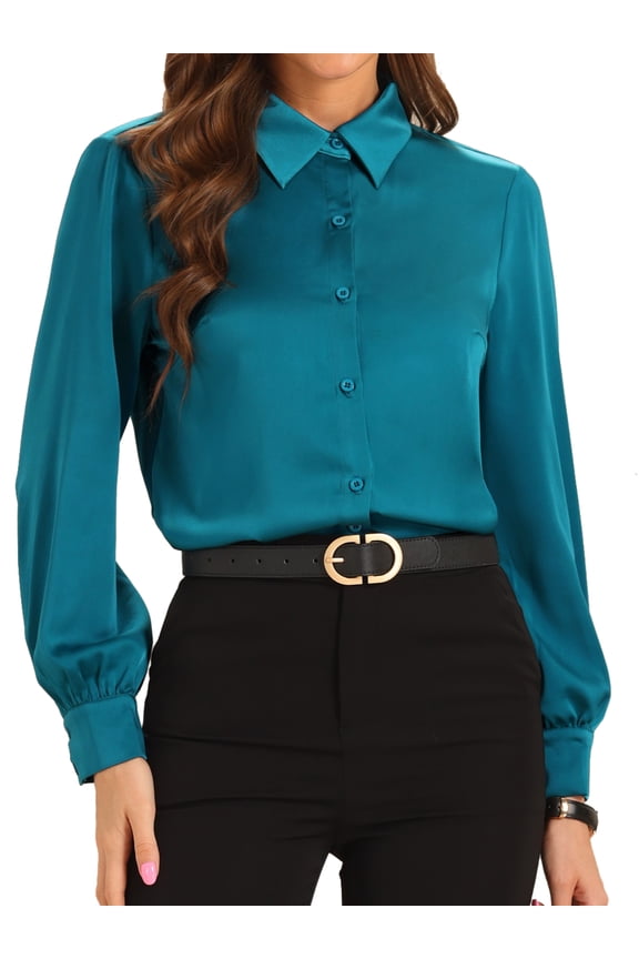 Satin Blouse for Women's Puff Long Sleeve Work Career Tops